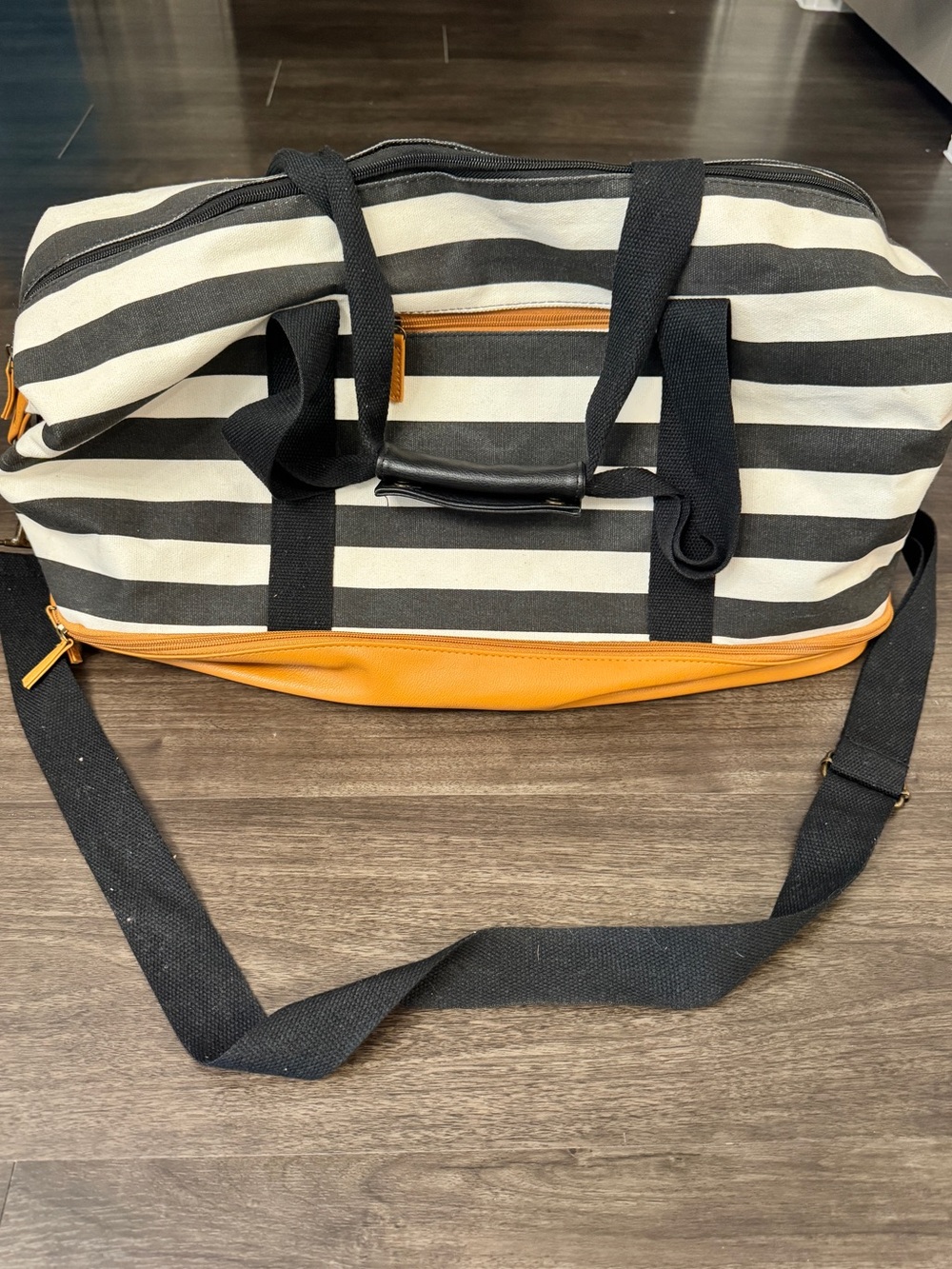 Striped Canvas Weekender Bag with Pleather Trim